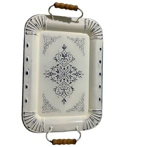 CBK Inspired Home Metal Serving Try White Blue Medallion Wood Handles Distressed